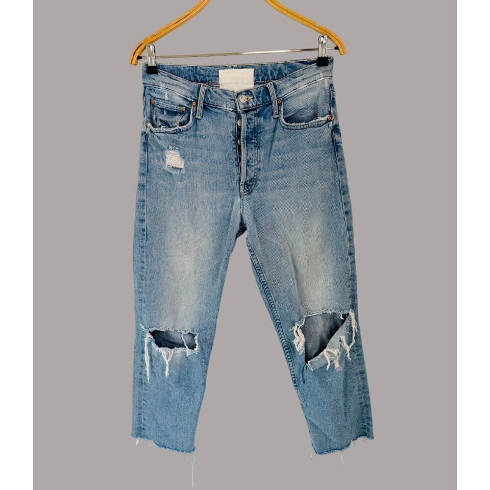 Mother The Tomcat Distressed Light Wash Denim Jeans Size 28 Ripped Knees & Raw H